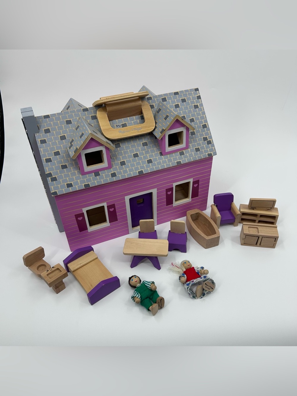 Melissa & Doug Fold & Go Wooden Dollhouse with Dolls and Accessories